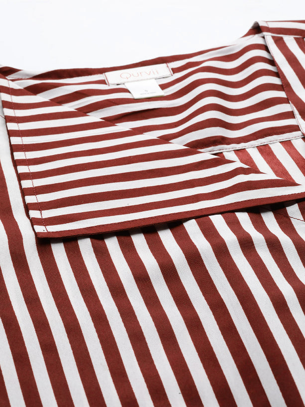 Wine and white striped flap collar shirt