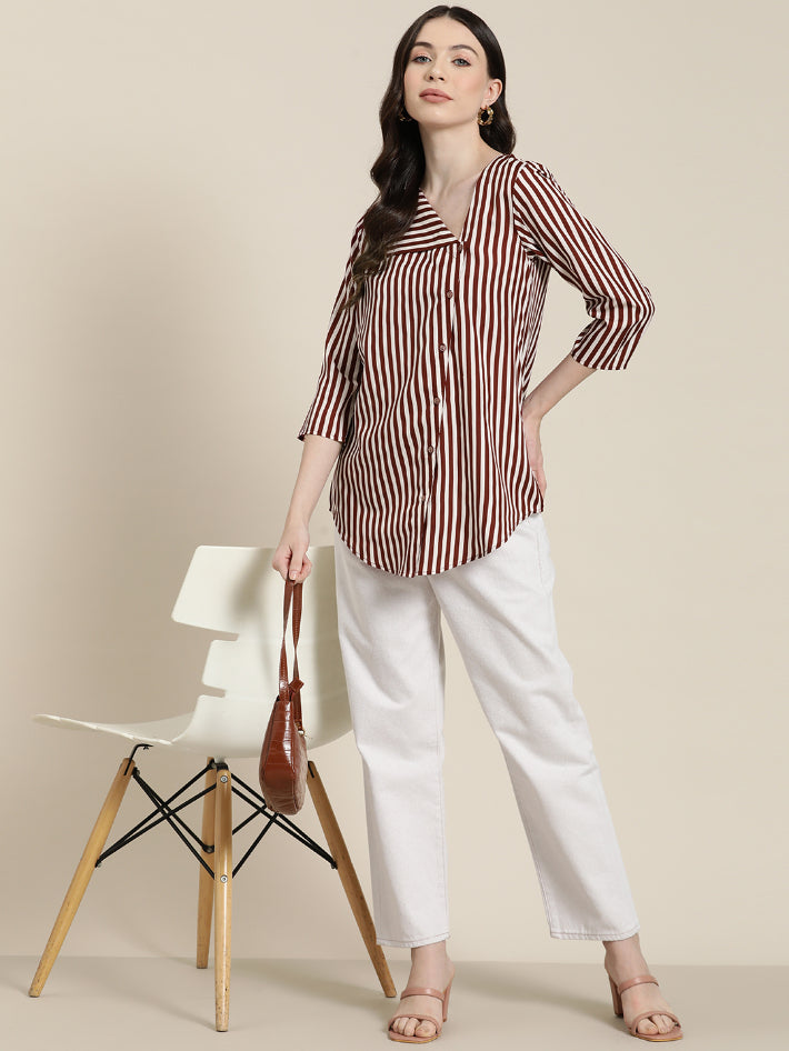 Wine and white striped flap collar shirt