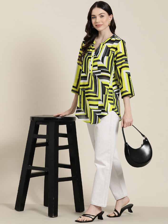 Neon Yellow abstract print half placket shirt