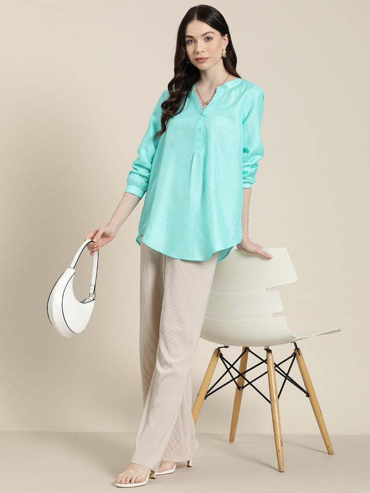Qurvii Women Turquoise half placket party shirt