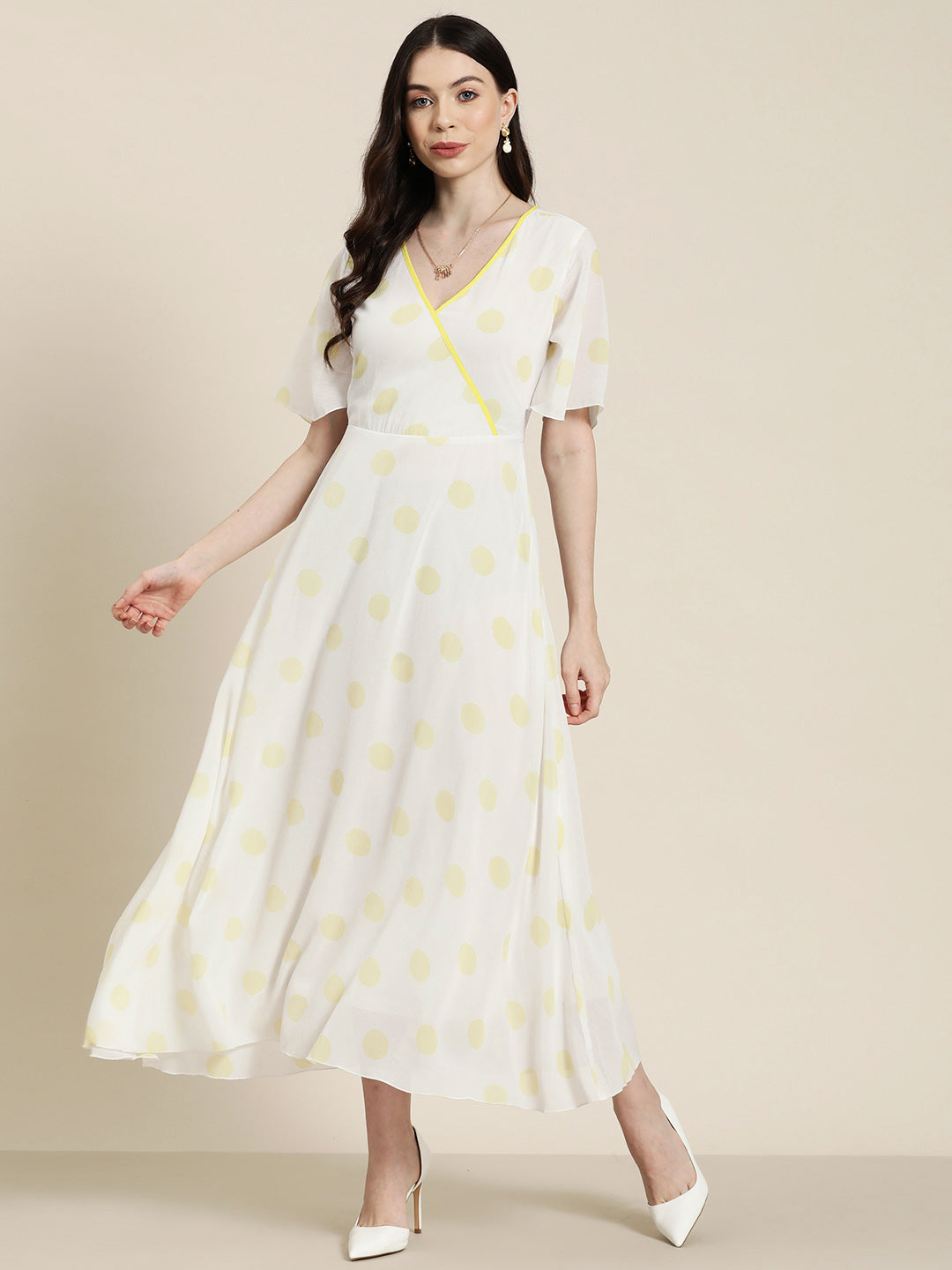 White with big yellow polka summer dress