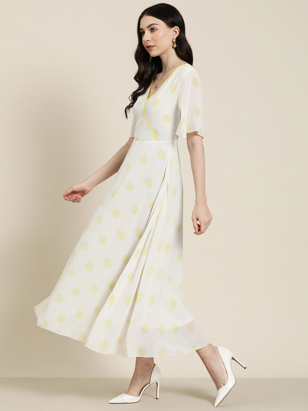 White with big yellow polka summer dress