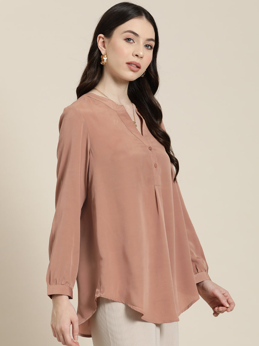 Caramel french crepe half placket shirt