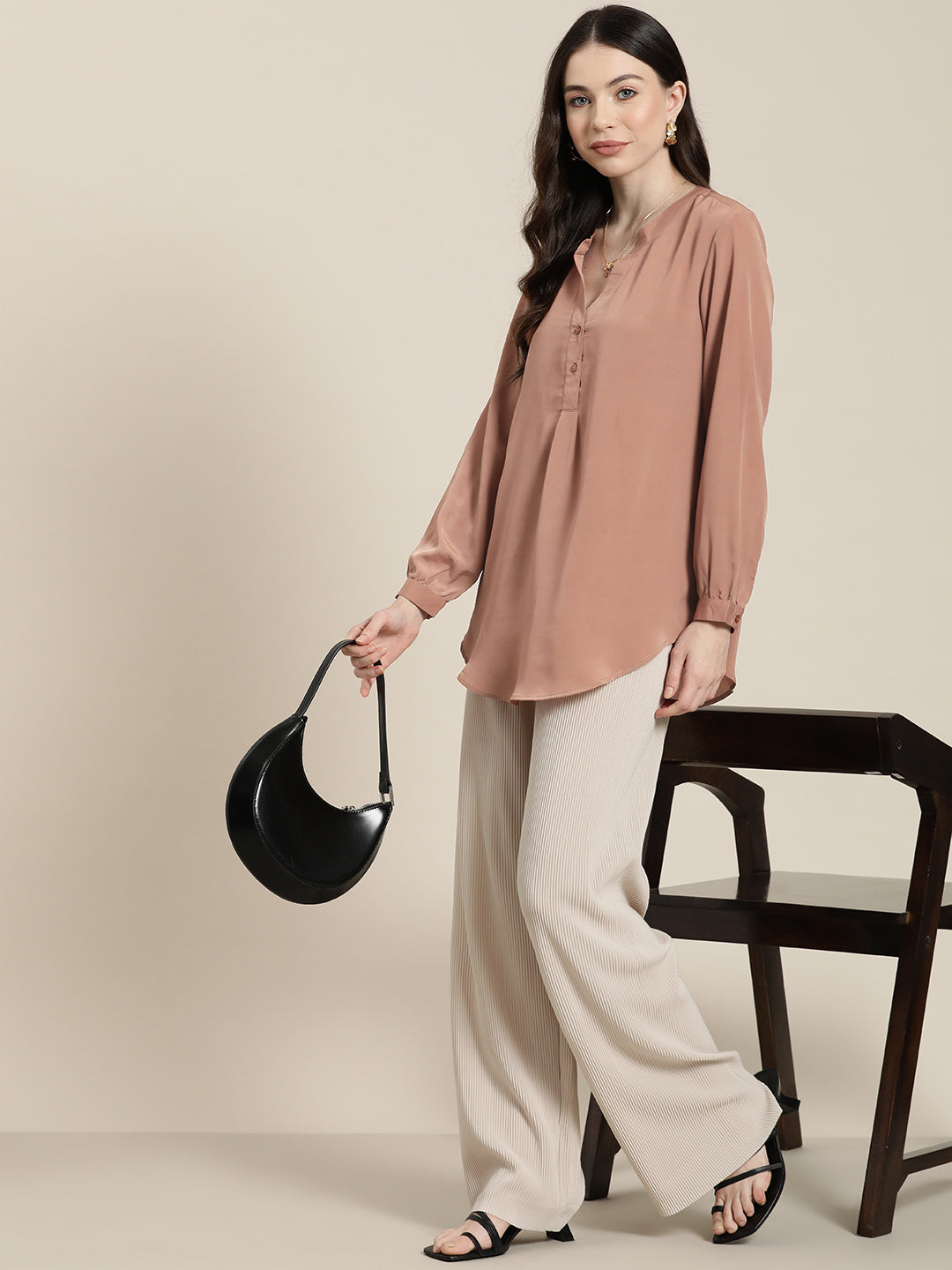 Caramel french crepe half placket shirt