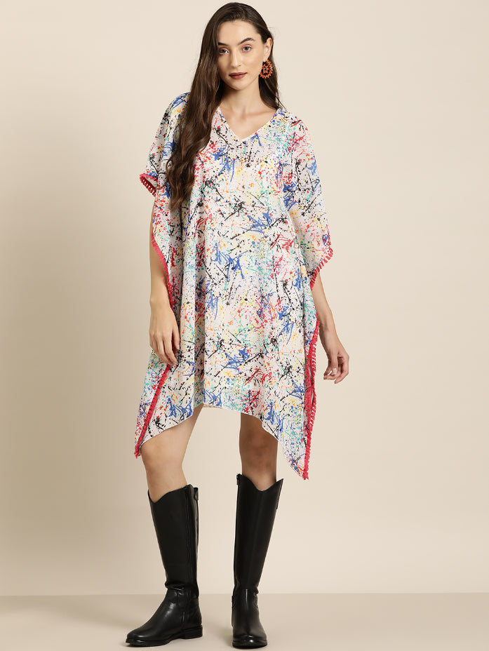 Brush paint V-neck kaftan with side tassels.