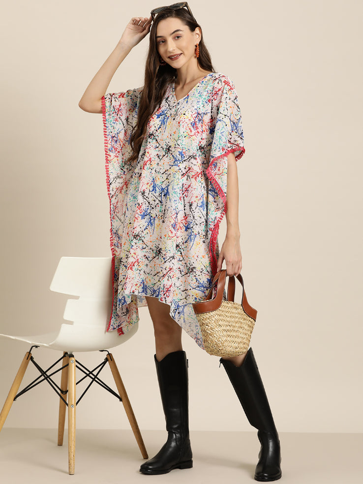 Brush paint V-neck kaftan with side tassels.