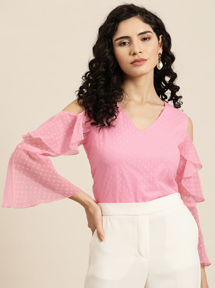 Pink Swiss dot cold shoulder ruffle top with bell sleeves