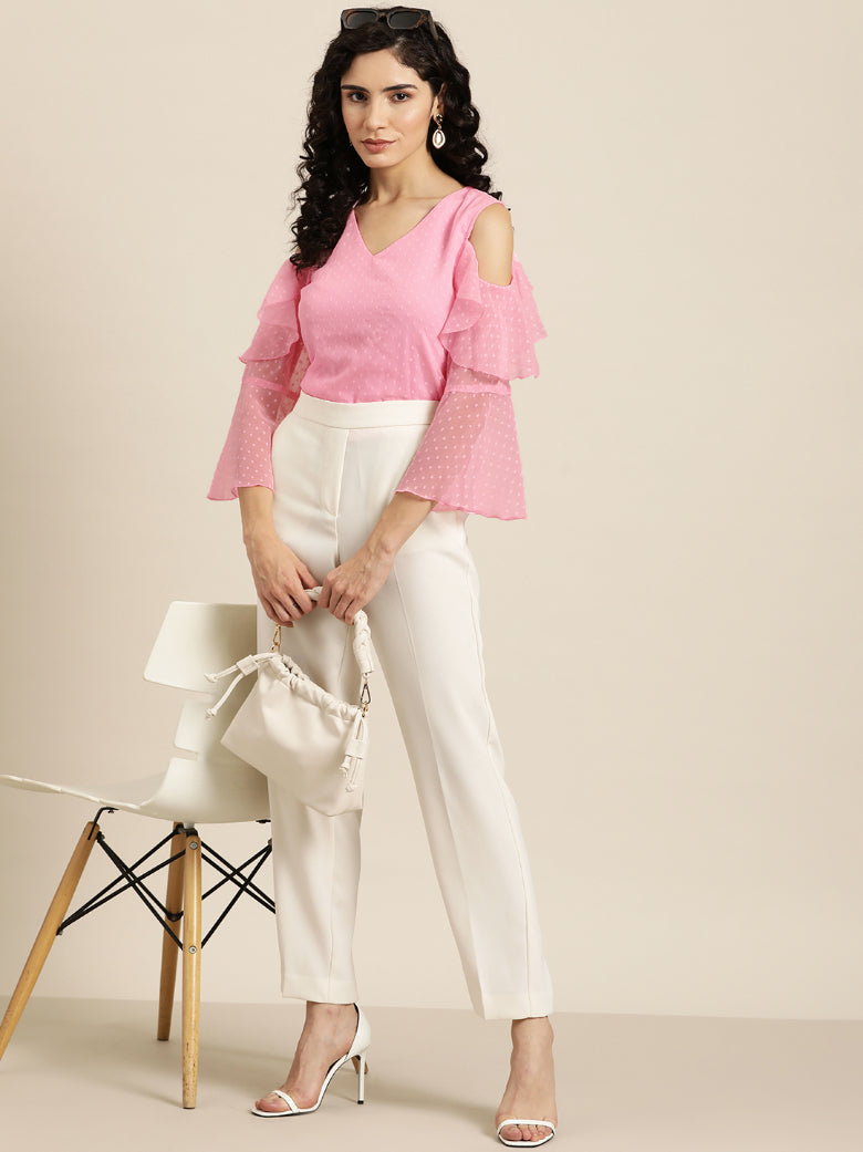 Pink Swiss dot cold shoulder ruffle top with bell sleeves
