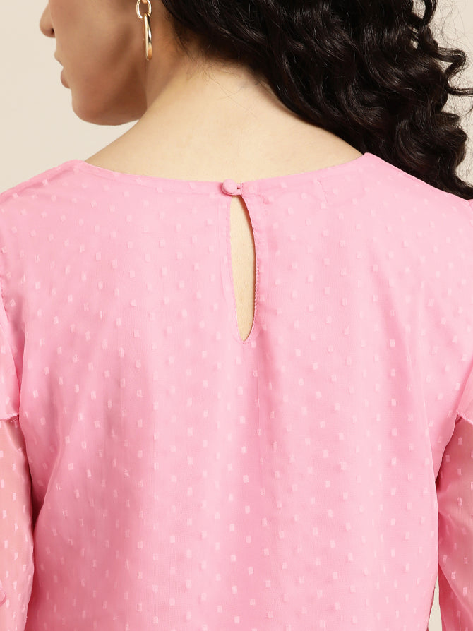 Pink Swiss dot cold shoulder ruffle top with bell sleeves