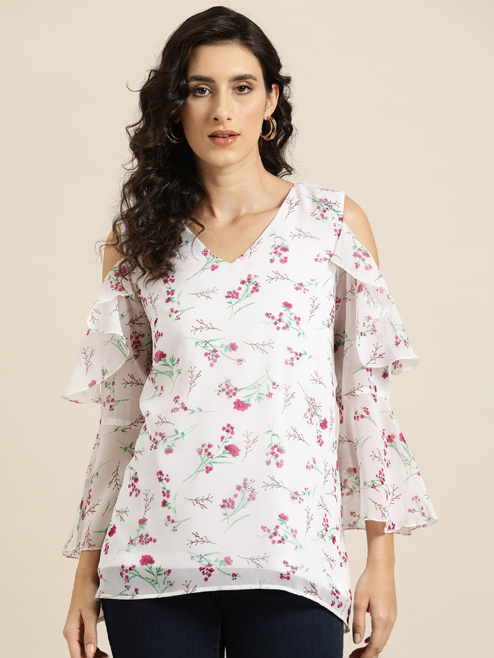 White floral cold shoulder ruffle op with bell sleeves