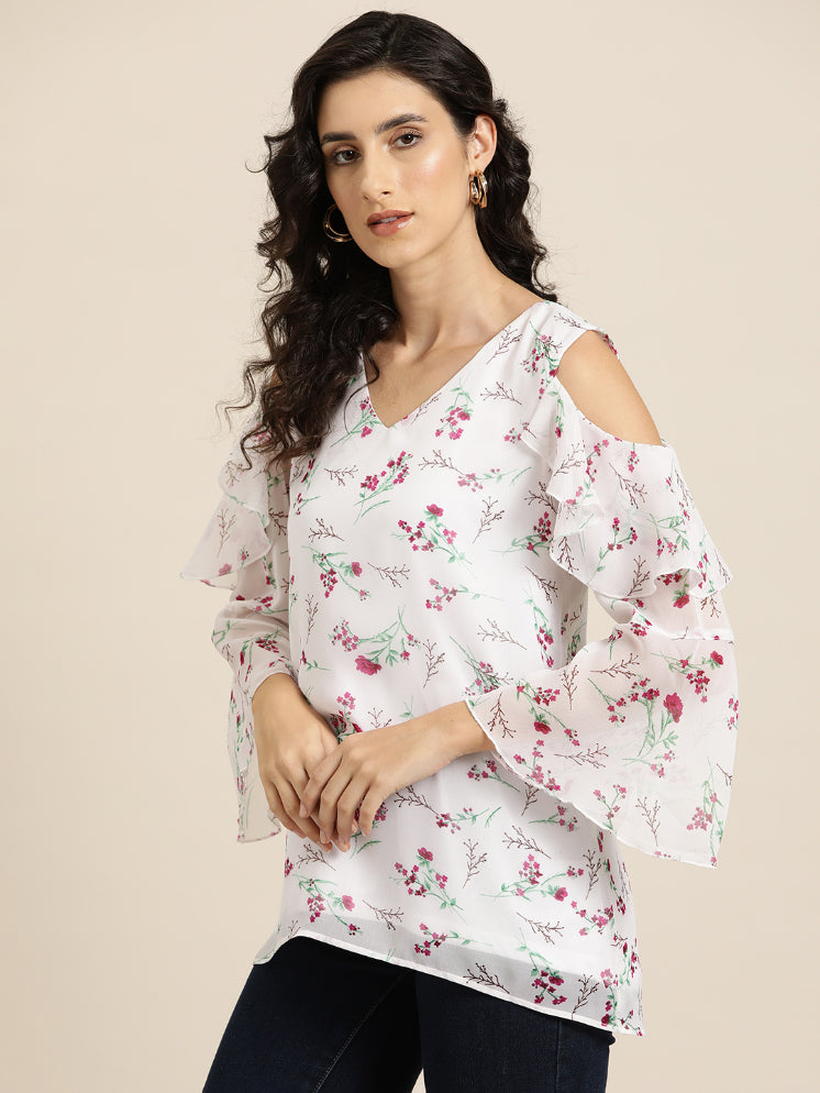 White floral cold shoulder ruffle op with bell sleeves