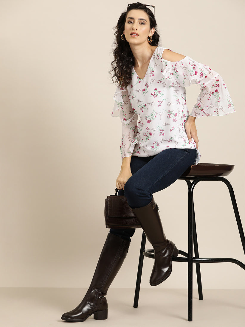 White floral cold shoulder ruffle op with bell sleeves