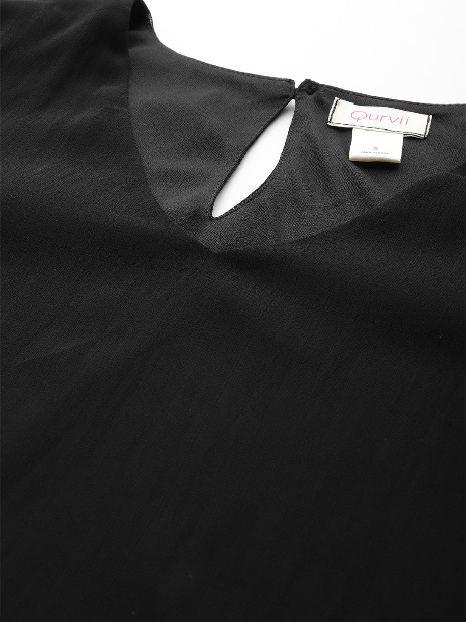 Black solid cold shoulder ruffle top with bell sleeves