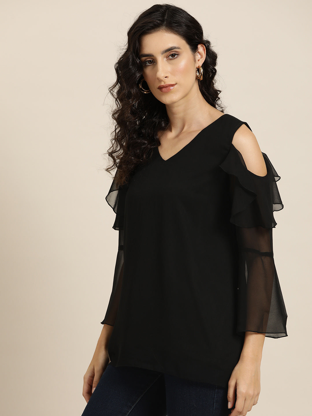 Black solid cold shoulder ruffle top with bell sleeves