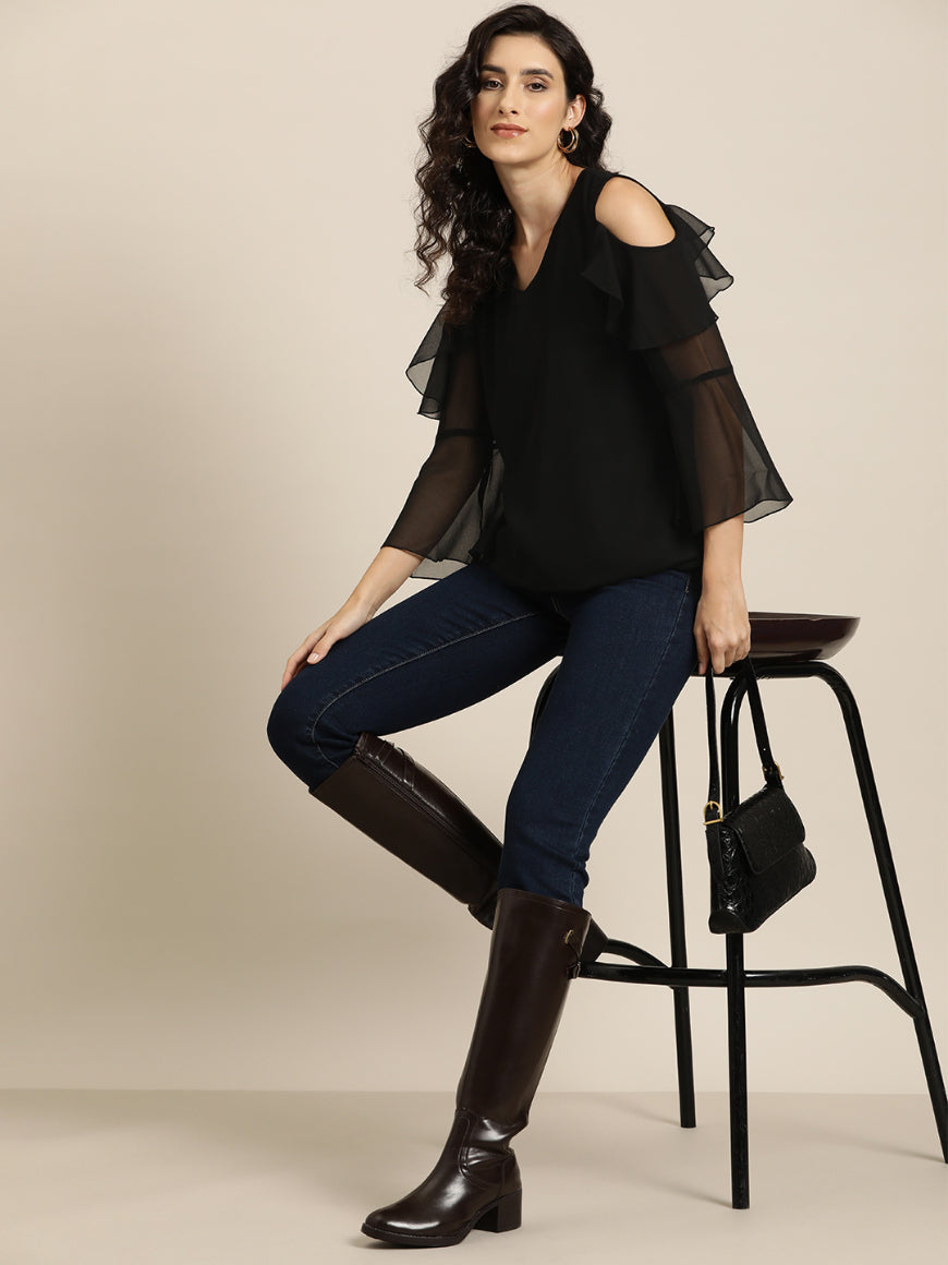 Black solid cold shoulder ruffle top with bell sleeves