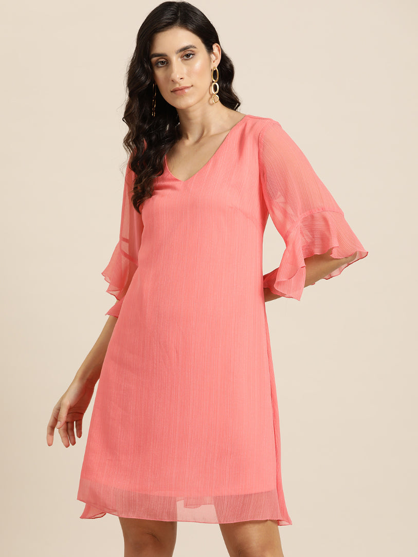 Georgette A-line V-neck dress with high-low bell sleeves