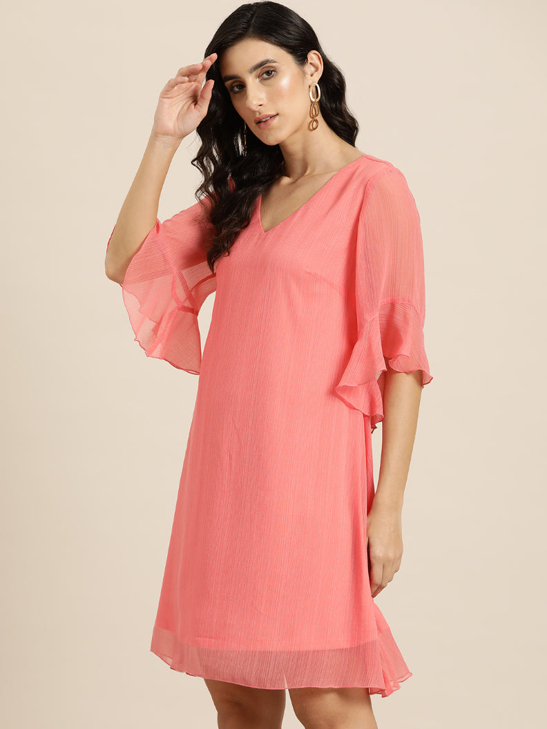 Georgette A-line V-neck dress with high-low bell sleeves