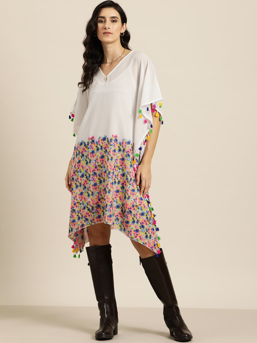 Multi-floral V-neck kaftan with tassels.