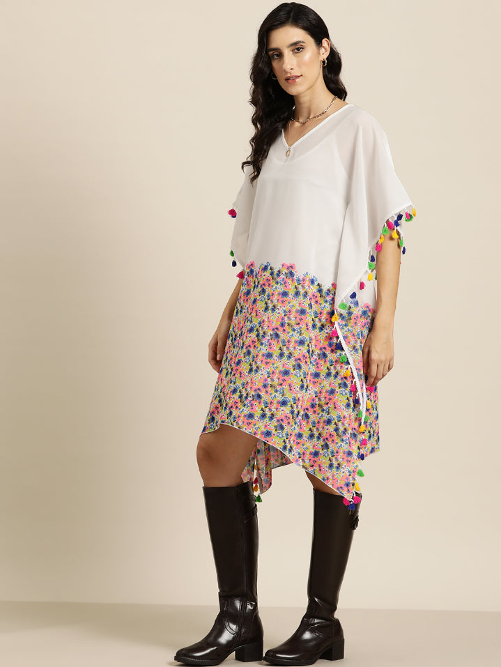 Multi-floral V-neck kaftan with tassels.