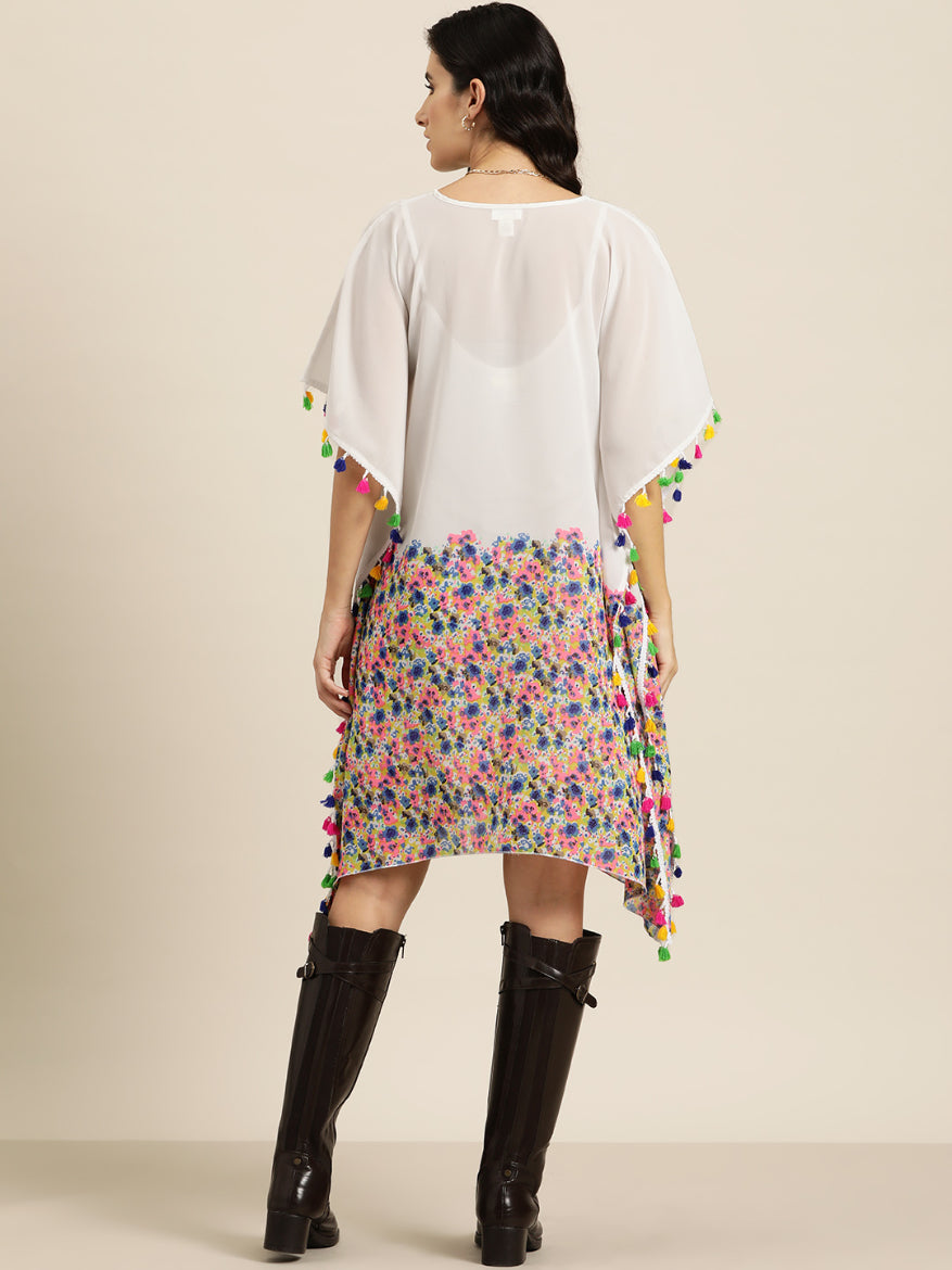Multi-floral V-neck kaftan with tassels.