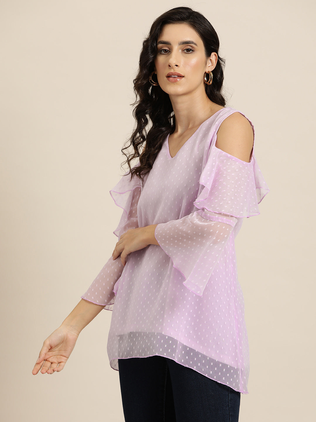 Lilac Swiss dot cold shoulder Ruffle top with bell sleeves