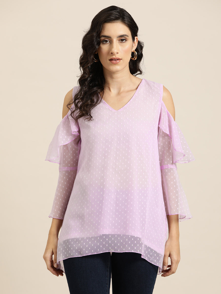 Lilac Swiss dot cold shoulder Ruffle top with bell sleeves