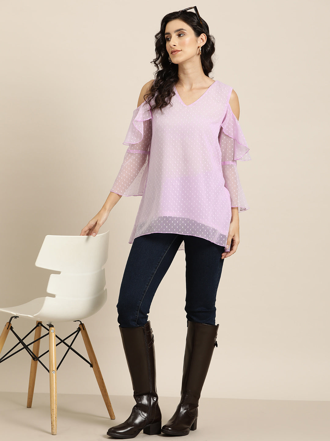 Lilac Swiss dot cold shoulder Ruffle top with bell sleeves