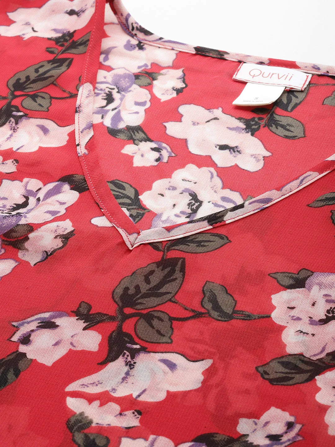 Red and white floral below knee length kaftan dress