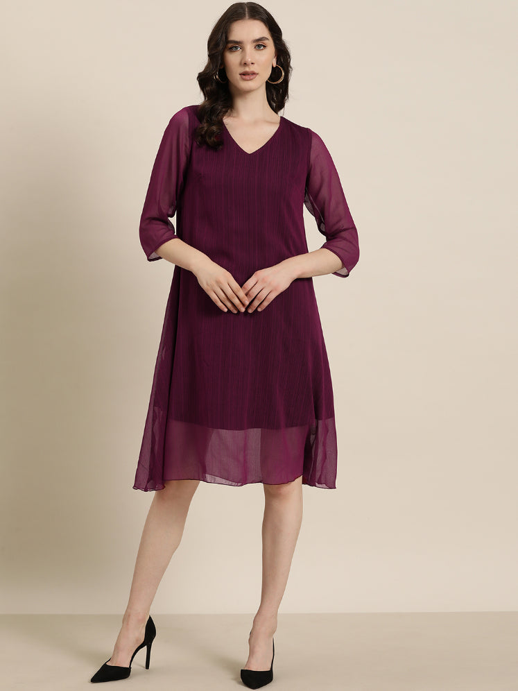 Wine V neck calf length dress