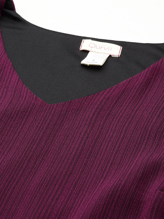 Wine V neck calf length dress