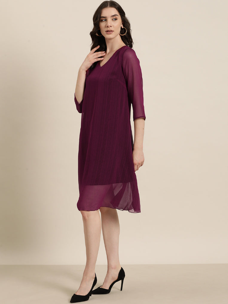 Wine V neck calf length dress