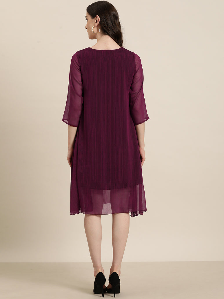Wine V neck calf length dress