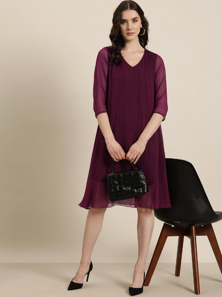Wine V neck calf length dress