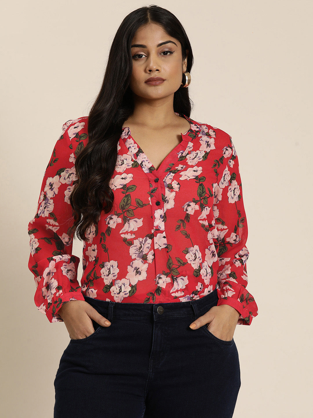 Red Floral georgette Half-Placket shirt with full cuff sleeves.