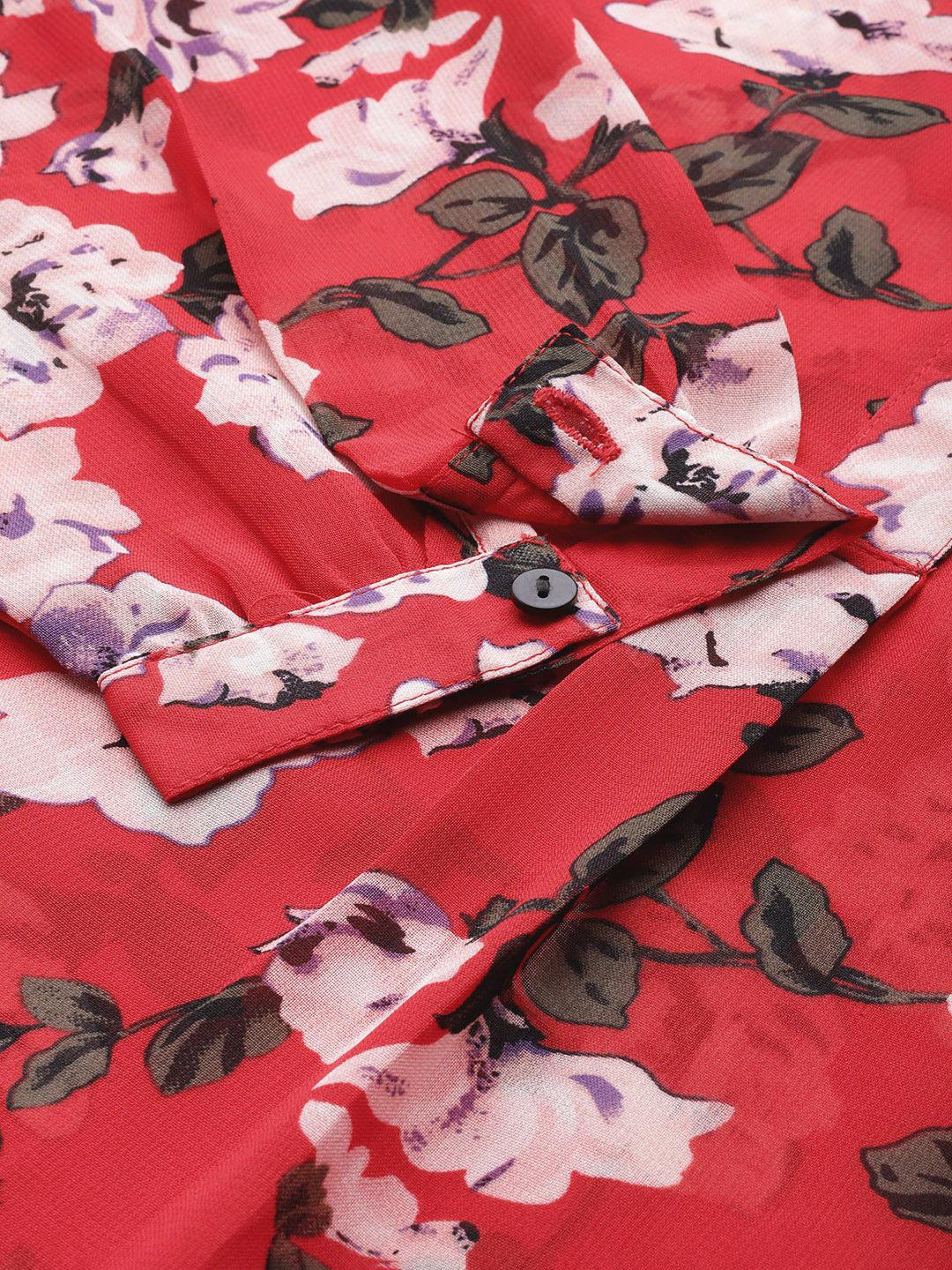 Red Floral georgette Half-Placket shirt with full cuff sleeves.