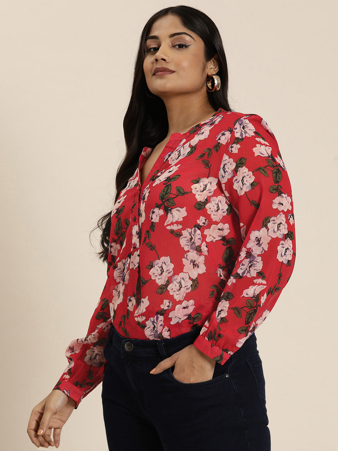 Red Floral georgette Half-Placket shirt with full cuff sleeves.