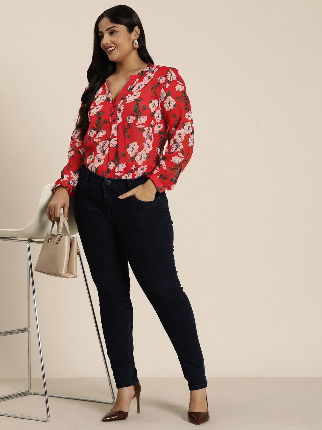 Red Floral georgette Half-Placket shirt with full cuff sleeves.