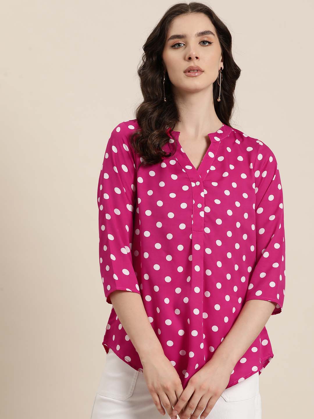 Magenta white Polka crepe Half-Placket shirt