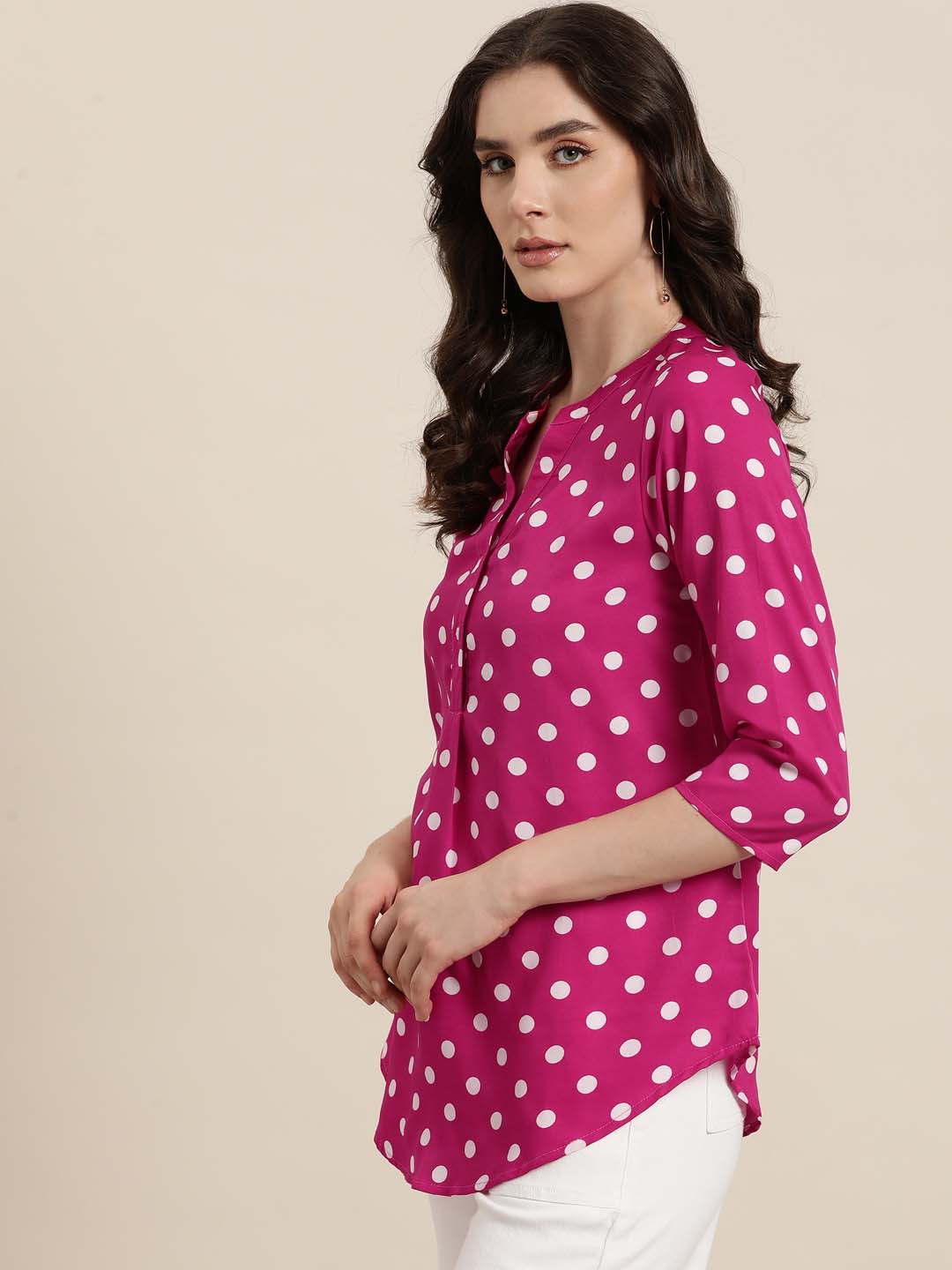 Magenta white Polka crepe Half-Placket shirt