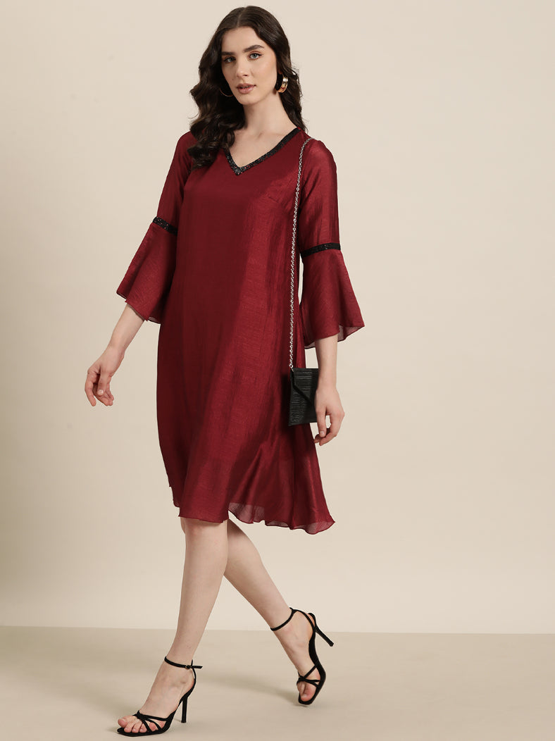 Maroon silk A-Line sequins embelished V neck swing dress