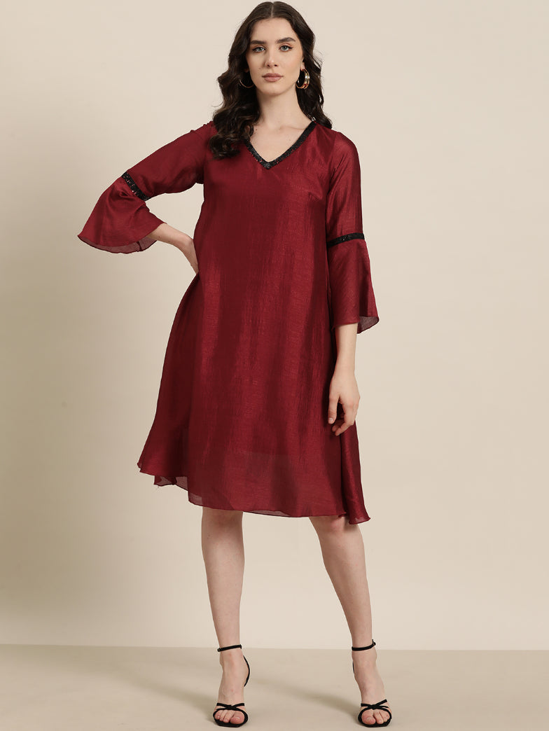 Maroon silk A-Line sequins embelished V neck swing dress