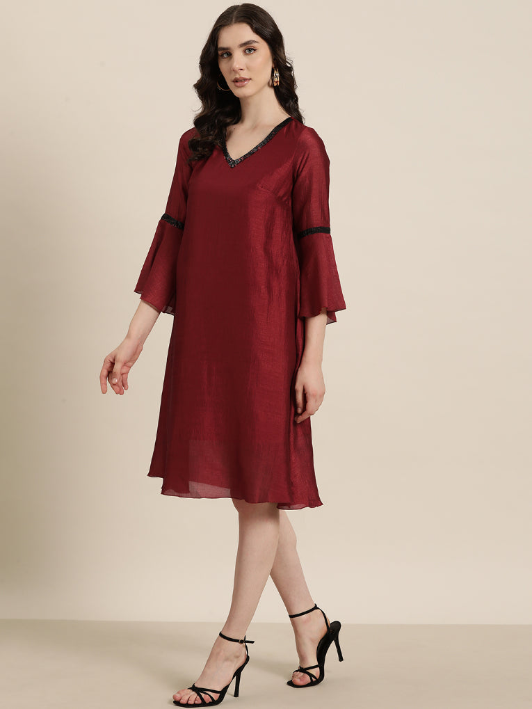 Maroon silk A-Line sequins embelished V neck swing dress