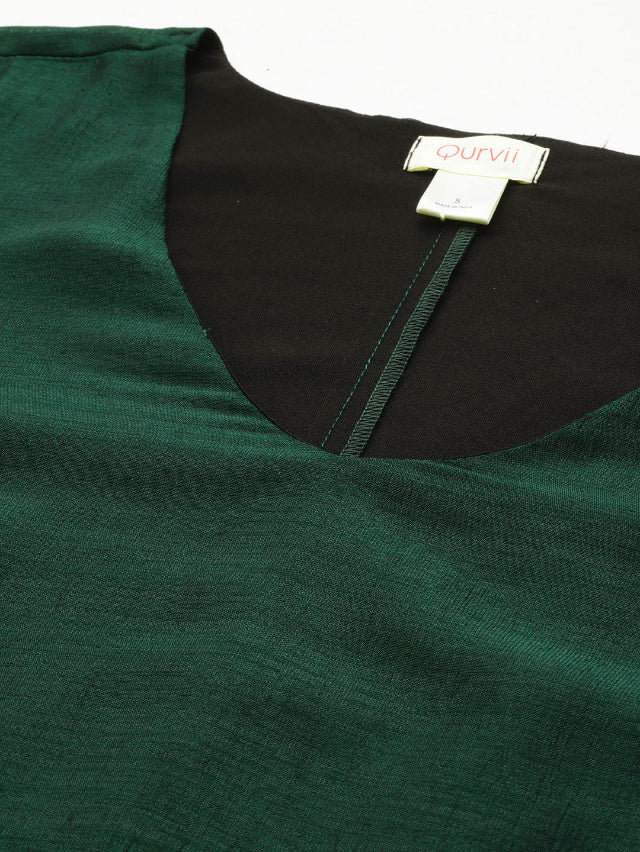 Emerald Green silk A-Line sequins embelished V neck swing dress