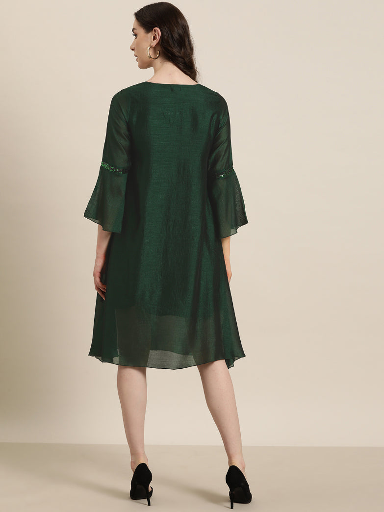 Emerald Green silk A-Line sequins embelished V neck swing dress