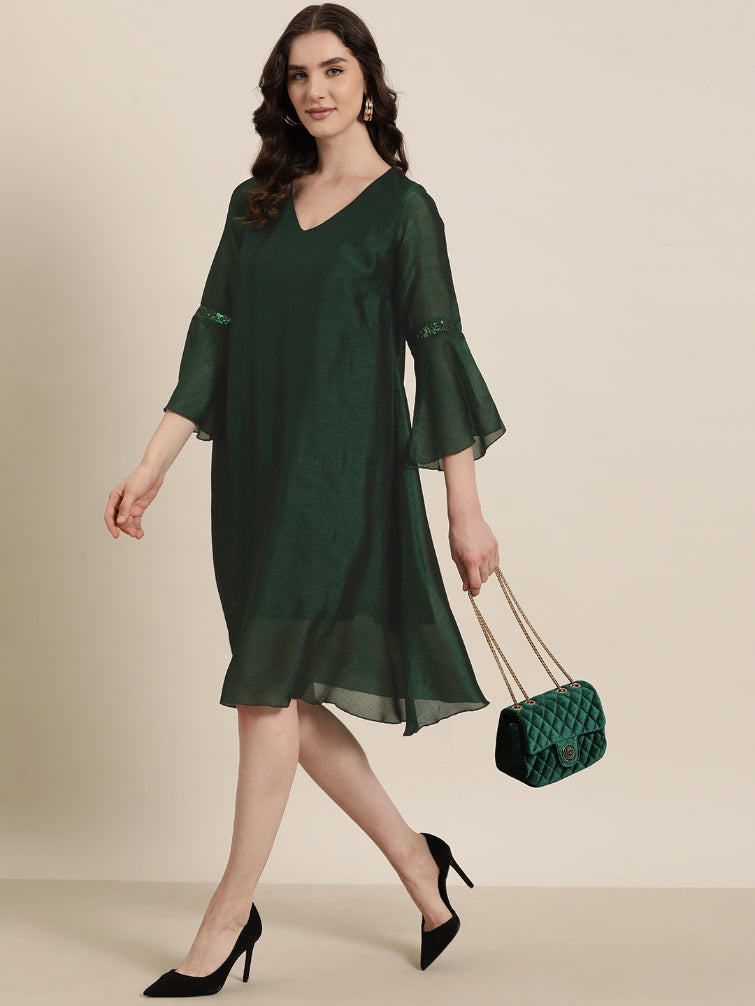 Emerald Green silk A-Line sequins embelished V neck swing dress