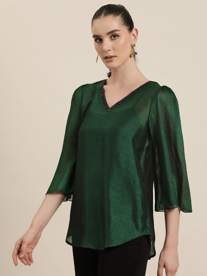 Qurvii Womens Emerald Green party silk top with v-neck and bell sleeves,
