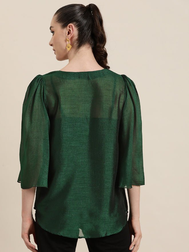 Qurvii Womens Emerald Green party silk top with v-neck and bell sleeves,