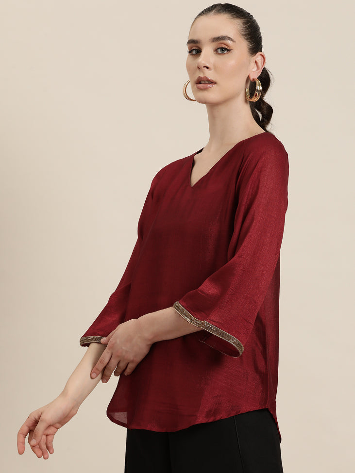 Qurvii Womens Maroon silk party top with v-neck and bell sleeves,