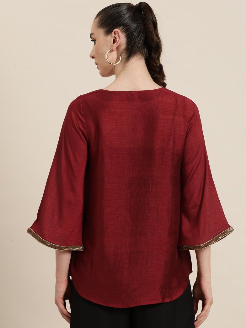 Qurvii Womens Maroon silk party top with v-neck and bell sleeves,