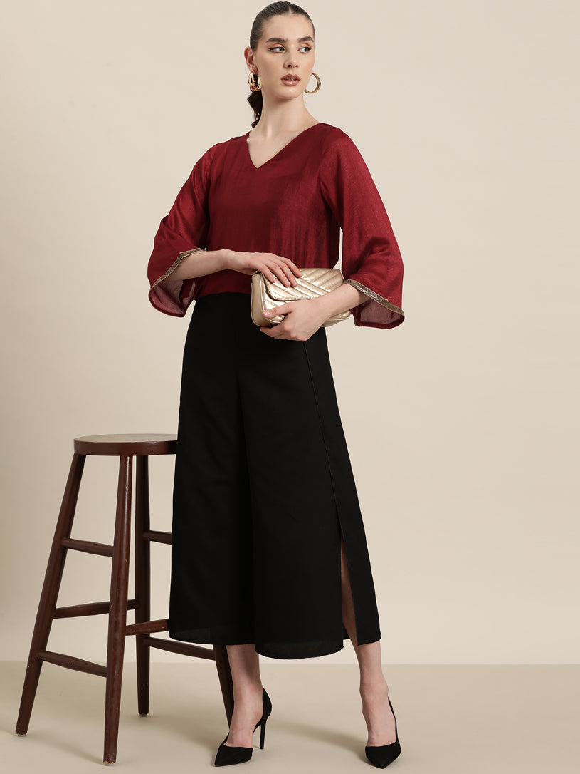 Qurvii Womens Maroon silk party top with v-neck and bell sleeves,